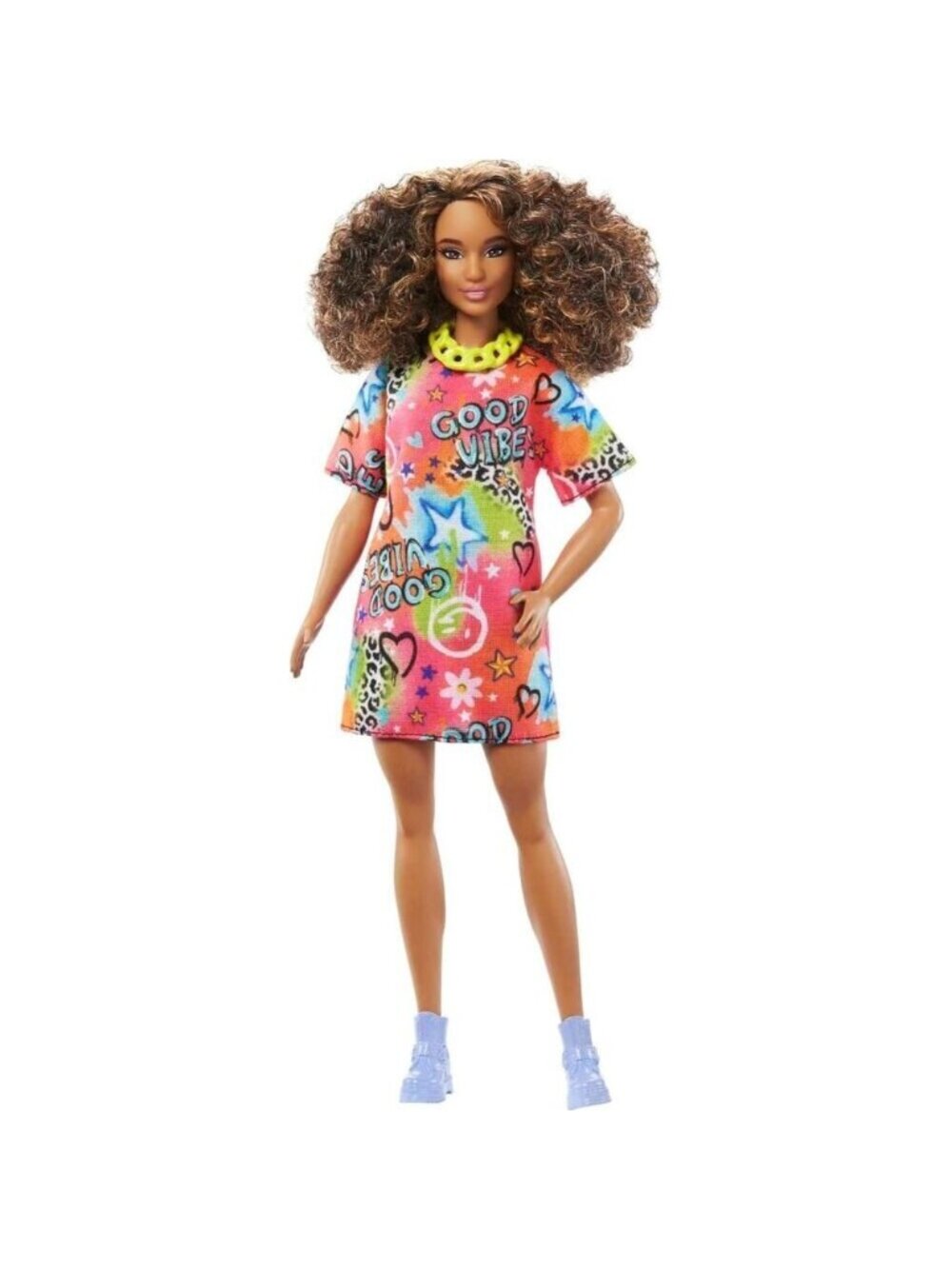 🆕 Barbie Fashionistas Doll Athletic Body Curly Brunette Hair Styles Print Dress